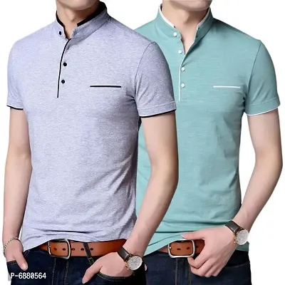 Stylish Cotton Grey And Turquoise Solid Half Sleeves Henley Neck T-shirt For Men- Pack Of 2-thumb0