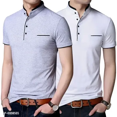 Stylish Cotton Grey And White Solid Half Sleeves Henley Neck T-shirt For Men- Pack Of 2