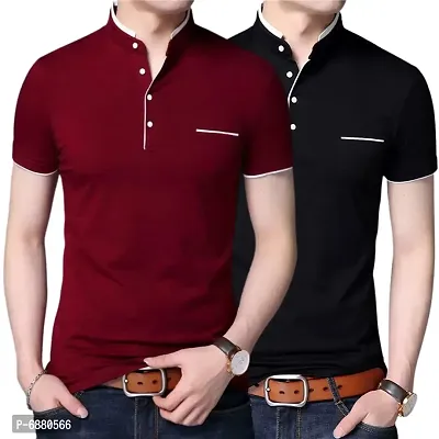 Stylish Cotton Maroon And Black Solid Half Sleeves Henley Neck T-shirt For Men- Pack Of 2