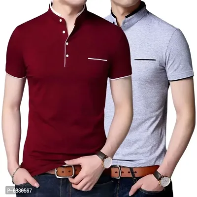 Stylish Cotton Maroon And Grey Solid Half Sleeves Henley Neck T-shirt For Men- Pack Of 2-thumb0