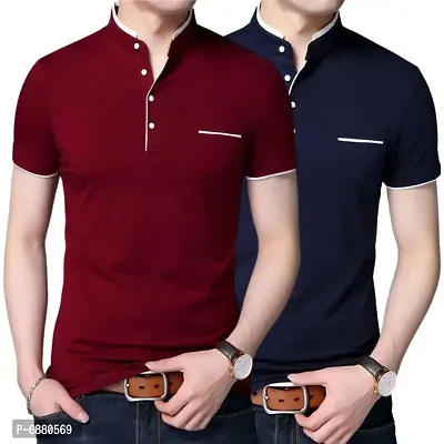 Stylish Cotton Maroon And Navy Blue Solid Half Sleeves Henley Neck T-shirt For Men- Pack Of 2