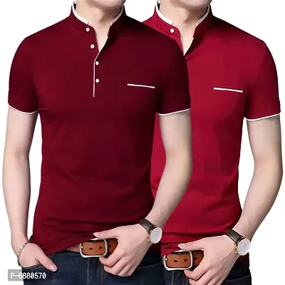 Stylish Cotton Maroon And Red Solid Half Sleeves Henley Neck T-shirt For Men- Pack Of 2