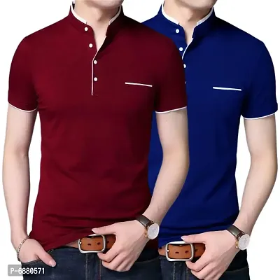 Stylish Cotton Maroon And Royal Blue Solid Half Sleeves Henley Neck T-shirt For Men- Pack Of 2