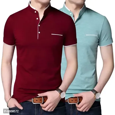 Stylish Cotton Maroon And Turquoise Solid Half Sleeves Henley Neck T-shirt For Men- Pack Of 2