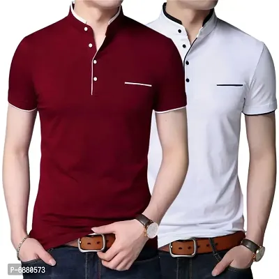 Stylish Cotton Maroon And White Solid Half Sleeves Henley Neck T-shirt For Men- Pack Of 2