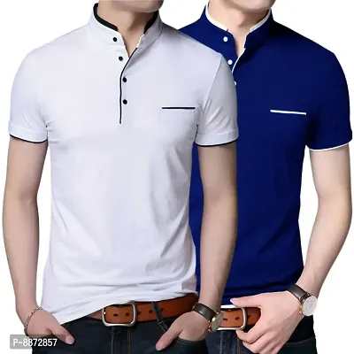 Stylish Cotton White And Royal Blue Solid Mandarin Collar Short Sleeves T-shirt Combo For Men- Pack Of 2