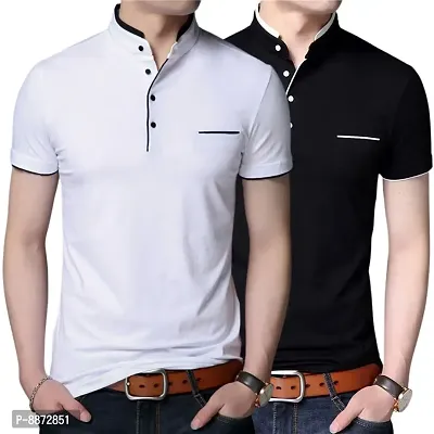 Stylish Cotton White And Black Solid Mandarin Collar Short Sleeves T-shirt Combo For Men- Pack Of 2