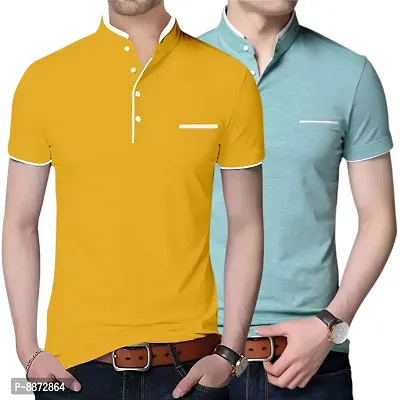 Stylish Cotton Yellow And Sea Green Solid Mandarin Collar Short Sleeves T-shirt Combo For Men- Pack Of 2-thumb0