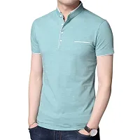 Stylish Cotton Yellow And Sea Green Solid Mandarin Collar Short Sleeves T-shirt Combo For Men- Pack Of 2-thumb1