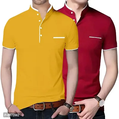 Stylish Cotton Yellow And Red Solid Mandarin Collar Short Sleeves T-shirt Combo For Men- Pack Of 2-thumb0