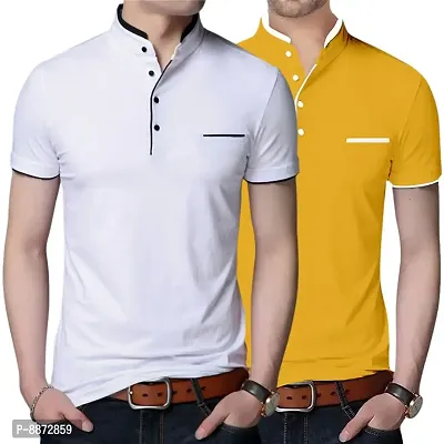 Stylish Cotton White And Yellow Solid Mandarin Collar Short Sleeves T-shirt Combo For Men- Pack Of 2