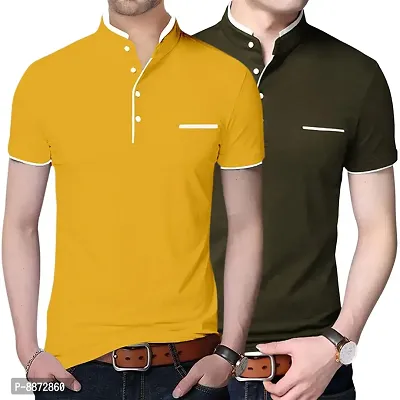 Stylish Cotton Yellow And Mehndi Green Solid Mandarin Collar Short Sleeves T-shirt Combo For Men- Pack Of 2