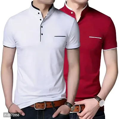 Stylish Cotton White And Red Solid Mandarin Collar Short Sleeves T-shirt Combo For Men- Pack Of 2