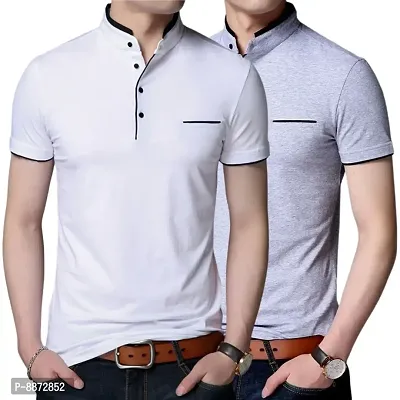 Stylish Cotton White And Grey Solid Mandarin Collar Short Sleeves T-shirt Combo For Men- Pack Of 2