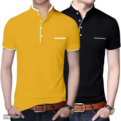 Stylish Cotton Yellow And Black Solid Mandarin Collar Short Sleeves T-shirt Combo For Men- Pack Of 2