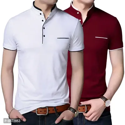 Stylish Cotton White And Maroon Solid Mandarin Collar Short Sleeves T-shirt Combo For Men- Pack Of 2