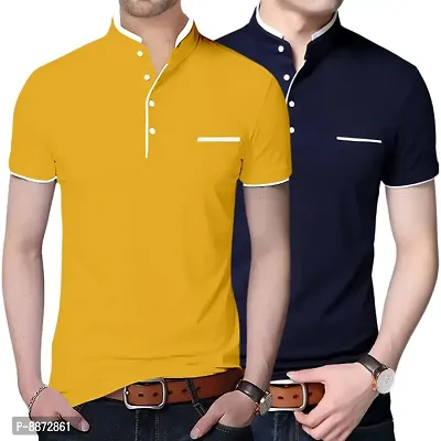 Stylish Cotton Yellow And Navy Blue Solid Mandarin Collar Short Sleeves T-shirt Combo For Men- Pack Of 2-thumb0