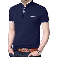 Stylish Cotton Yellow And Navy Blue Solid Mandarin Collar Short Sleeves T-shirt Combo For Men- Pack Of 2-thumb2