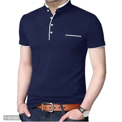 Stylish Cotton Yellow And Navy Blue Solid Mandarin Collar Short Sleeves T-shirt Combo For Men- Pack Of 2-thumb3