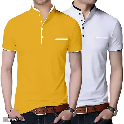 Stylish Cotton Yellow And White Solid Mandarin Collar Short Sleeves T-shirt Combo For Men- Pack Of 2