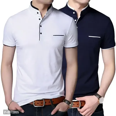 Stylish Cotton White And Navy Blue Solid Mandarin Collar Short Sleeves T-shirt Combo For Men- Pack Of 2