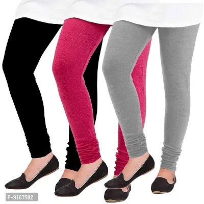 Elegant Woolen Solid Leggings For Women- Pack Of 3,Black, Pink, Light Grey