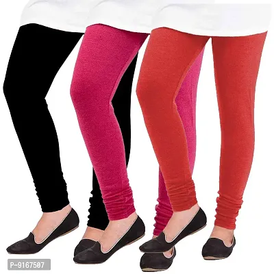Elegant Woolen Solid Leggings For Women- Pack Of 3,Black, Pink, Red-thumb0