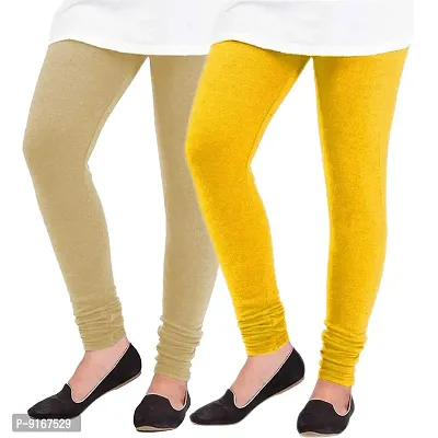 Elegant Woolen Solid Leggings For Women- Pack Of 2,Yellow, Beige