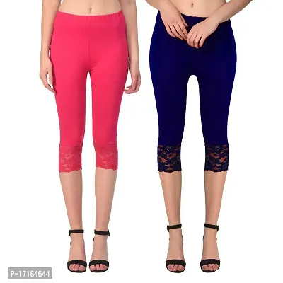 GulGuli Women's Viscose Solid Lace Capri Pack of 2(Pink and Navy Blue) Free Size:(Waist 28 Inches-32 Inches)