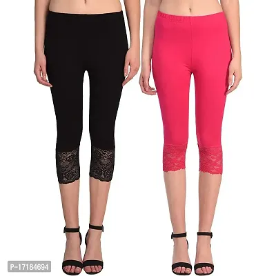 GulGuli Women's Viscose Solid Lace Capri Pack of 2(Black and Pink) Free Size:(Waist 28 Inches-32 Inches)