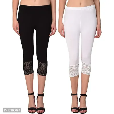 GulGuli Women's Viscose Solid Lace Capri Pack of 2(Black and White) Free Size:(Waist 28 Inches-32 Inches)