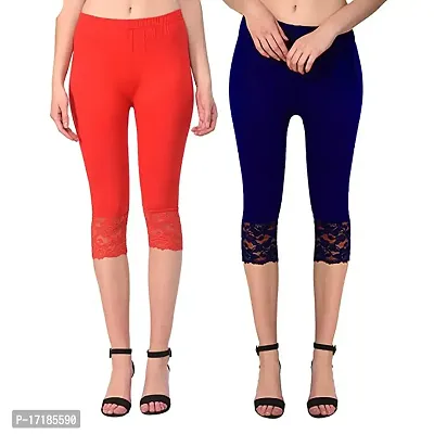 GulGuli Women's Viscose Solid Lace Capri Pack of 2(Red and Navy Blue) Free Size:(Waist 28 Inches-32 Inches)-thumb0