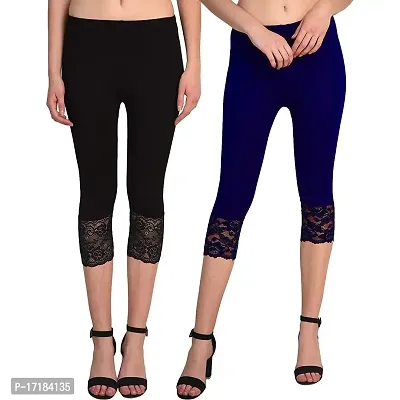 GulGuli Women's Viscose Solid Lace Capri Pack of 2(Black and Navy Blue) Free Size:(Waist 28 Inches-32 Inches)