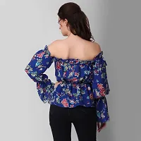 Women's Casual Puff Sleeves Ruffled Foral Top (Large, Royal Blue Floral)-thumb1