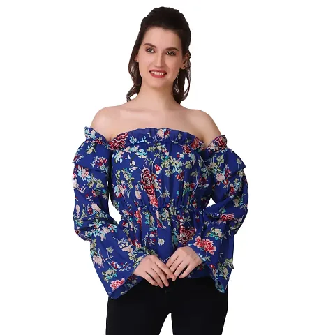 Women's Casual Puff Sleeves Ruffled Foral Top (Large, Floral)