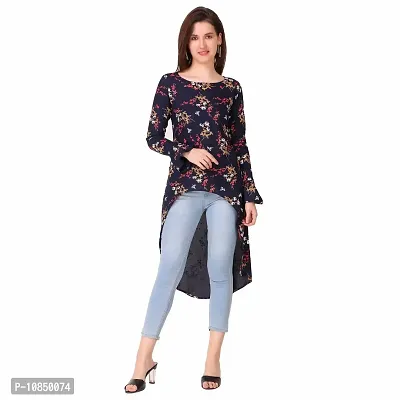 Women's Regular Fit Floral High-Low Trapeze Top (Small, Neavy Blue)