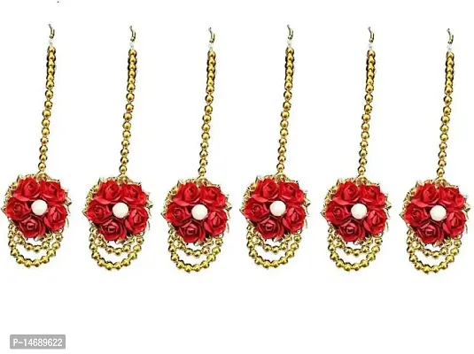 Laxmi Ethnic Red Plastic Rose Gota Patti Flower Jewellery Mangtikka for Women Set of 6-thumb0