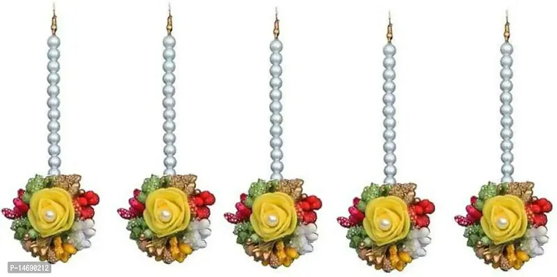 Laxmi Ethnic Yellow Green and Pink Flower Maang Tikka Jewellery Set for Wedding Baby Shower Haldi Mehandi Party for Girls and Women Pack of 5