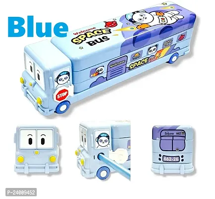 School Bus Pencil Box (Blue Color) Geometry Box with Sharpener Cartoon Printed Dual Compartment Space Bus AE
