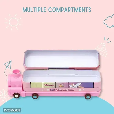 Cartoon Printed Engine Compass Metal Pencil Box Geometry with Moving Tyres and Sharpener Compass Box (Engine Compass Pink)-thumb3