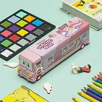 School Bus Pencil Box (Pink Color) Geometry Box with Sharpener Cartoon Printed Dual Compartment Space Bus-thumb2