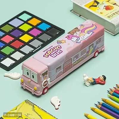 School Bus Pencil Box (Pink Color) Geometry Box with Sharpener Cartoon Printed Dual Compartment Space Bus-thumb3