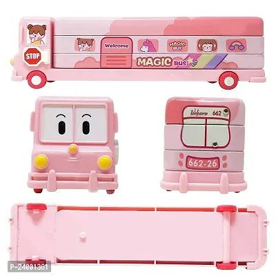 School Bus Pencil Box (Pink Color) Geometry Box with Sharpener Cartoon Printed Dual Compartment Space Bus AA