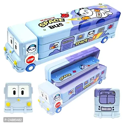School Bus Pencil Box (Blue Color) Geometry Box with Sharpener Cartoon Printed Dual Compartment Space Bus AD-thumb0