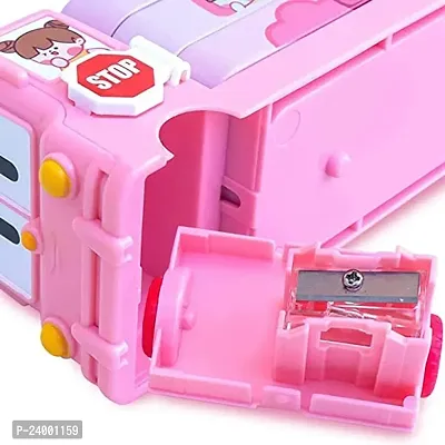 School Bus Pencil Box (Pink Color) Geometry Box with Sharpener Cartoon Printed Dual Compartment Space Bus-thumb0