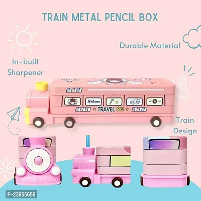 Cartoon Printed Engine Compass Metal Pencil Box Geometry with Moving Tyres and Sharpener Compass Box (Engine Compass Pink)-thumb2