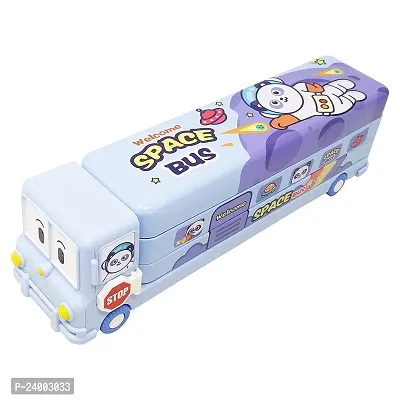 School Bus Pencil Box (Blue Color) Geometry Box with Sharpener Cartoon Printed Dual Compartment Space Bus AB-thumb0