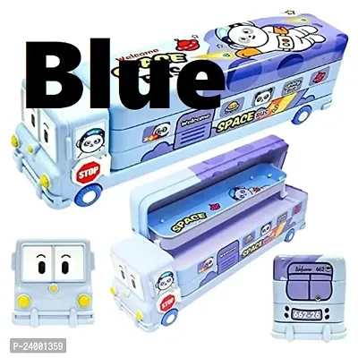 School Bus Pencil Box (Blue Color) Geometry Box with Sharpener Cartoon Printed Dual Compartment Space Bus AA-thumb0