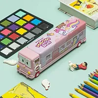 School Bus Pencil Box (Pink Color) Geometry Box with Sharpener Cartoon Printed Dual Compartment Space Bus AB-thumb2