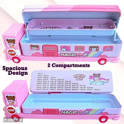 School Bus Pencil Box (Pink Color) Geometry Box with Sharpener Cartoon Printed Dual Compartment Space Bus AC